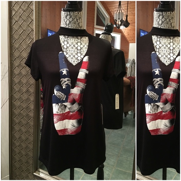 American Flag Peace Sign Silver Stones Black V-Neck Top - Picture 7 of 7